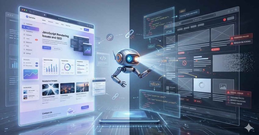 Futuristic illustration of a robot analyzing a website with JavaScript rendering issues. Split screens show a styled webpage on one side and raw HTML/DOM errors on the other, with warnings like indexing failed and crawl errors, highlighting technical SEO and render-blocking problems.