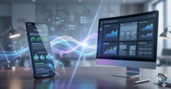 Smartphone displaying Google Core Web Vitals metrics connected to a desktop monitor showing SEO analytics dashboards. Flowing digital waves link mobile and desktop performance, symbolizing data synchronization, keyword trends, rankings, and website optimization across devices.