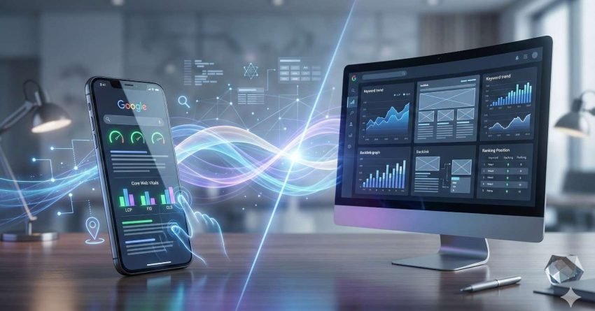 Smartphone displaying Google Core Web Vitals metrics connected to a desktop monitor showing SEO analytics dashboards. Flowing digital waves link mobile and desktop performance, symbolizing data synchronization, keyword trends, rankings, and website optimization across devices.
