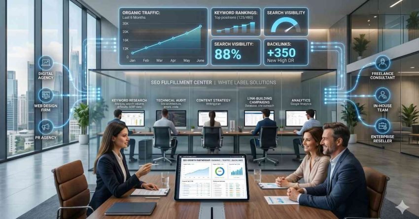Modern corporate office showcasing an SEO fulfillment center with professionals collaborating on digital marketing strategies. Large dashboards display organic traffic growth, keyword rankings, search visibility, and backlink metrics. Team members analyze performance data while meeting with clients. Visual connections highlight partnerships with agencies, consultants, in-house teams, and enterprise resellers.