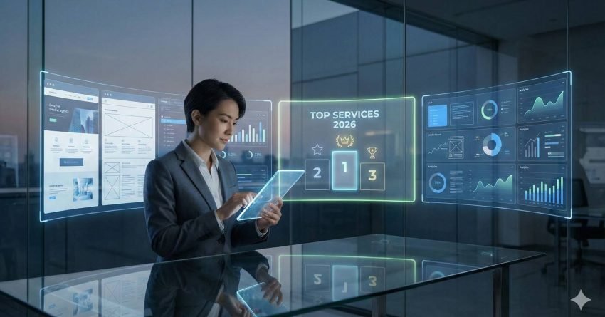 A professional standing in a glass-walled office uses a tablet while holographic analytics panels float around, showing dashboards, charts, and a “Top Services 2026” ranking display with podium numbers, all reflected on a glossy table in a futuristic workspace.