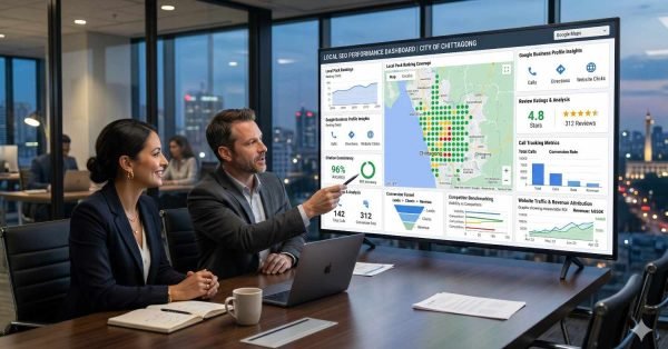 Local SEO professionals review a city-specific search performance dashboard during a business meeting in a modern office. The display features map pack rankings, Google Business Profile insights, review ratings, conversion tracking, competitor analysis, geographic coverage, and traffic trends. Team members evaluate local visibility, customer engagement, and growth opportunities through data.