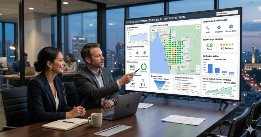 Local SEO professionals review a city-specific search performance dashboard during a business meeting in a modern office. The display features map pack rankings, Google Business Profile insights, review ratings, conversion tracking, competitor analysis, geographic coverage, and traffic trends. Team members evaluate local visibility, customer engagement, and growth opportunities through data.