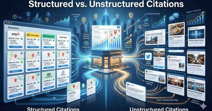 Comparison infographic illustrating structured versus unstructured citations for local SEO. The left side shows business directory listings, maps, and verified citations, while the right side highlights mentions across social media, websites, podcasts, reviews, and publications. Data flows connect both citation types to authority, rankings, trust signals, visibility, and growth.