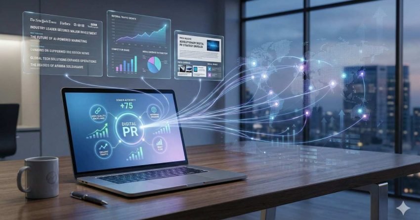 Modern office desk with a laptop displaying a “Digital PR” dashboard featuring charts, graphs, and analytics. Holographic data streams flow from the screen toward a glowing world map and floating marketing metrics. A coffee mug and pen sit nearby, with a city skyline visible through large windows.