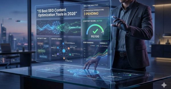 A futuristic office scene shows a man in a suit interacting with a transparent holographic dashboard displaying “15 Best SEO Content Optimization Tools in 2026,” analytics charts, content scores, SERP rankings, and AI-driven optimization suggestions over a glowing digital table.