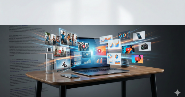 A laptop on a modern desk displays dynamic digital content, analytics charts, videos, and media assets floating around the screen. The scene represents content marketing, data visualization, and multi-channel digital strategy driven by performance analytics and creative media production.