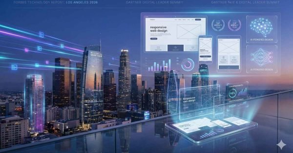 A futuristic city skyline at dusk is overlaid with glowing holographic screens showing responsive web design mockups, analytics charts, AI-powered design icons, and award badges, suggesting a tech conference setting, digital innovation, and high-performing web experiences in an urban rooftop environment.