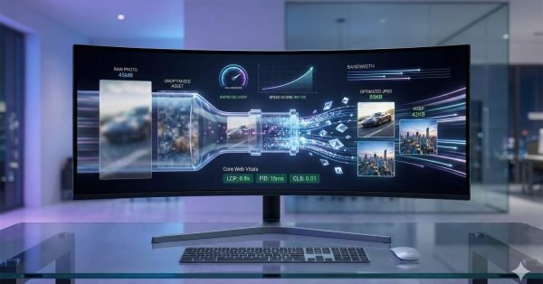 Curved monitor displaying image optimization workflow: large 45MB raw photo compressed into optimized JPEG and WebP versions with smaller file sizes. Visual shows bandwidth reduction, rapid delivery, improved speed score, and Core Web Vitals metrics, illustrating faster page performance through image optimization.