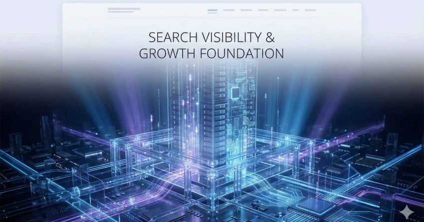Futuristic digital illustration titled “Search Visibility & Growth Foundation,” showing a glowing data-driven platform with interconnected circuits and rising structures, symbolizing strong technical SEO infrastructure, data flow, scalability, and the foundation required for sustained search visibility, performance, and organic growth.