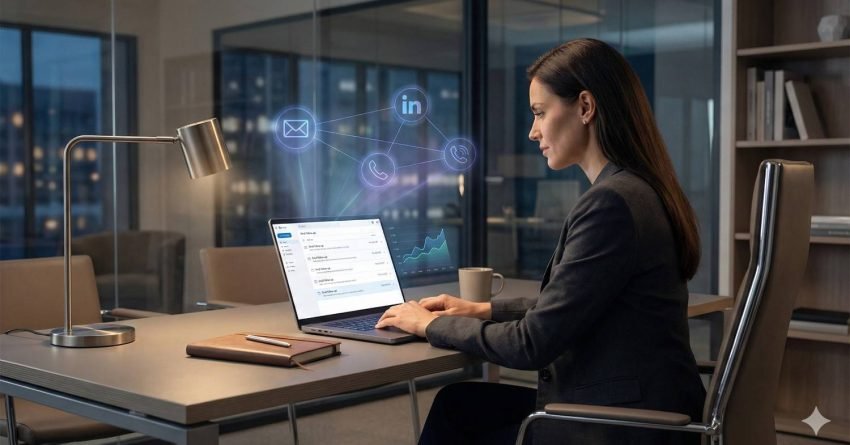 Woman working at a modern office desk at night on a laptop, with floating digital icons for email, phone, and LinkedIn behind her, plus charts on the screen, suggesting contact data management, networking, and analytics in a professional workspace.
