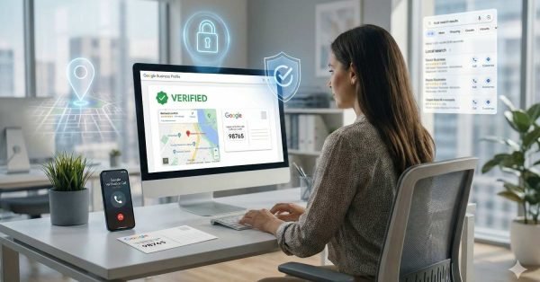 A professional working at a desk reviews a verified Google Business Profile on a desktop computer, showing a map location, verification badge, and security icons, with a phone and local search results nearby, representing business verification, trust, and improved local search visibility.