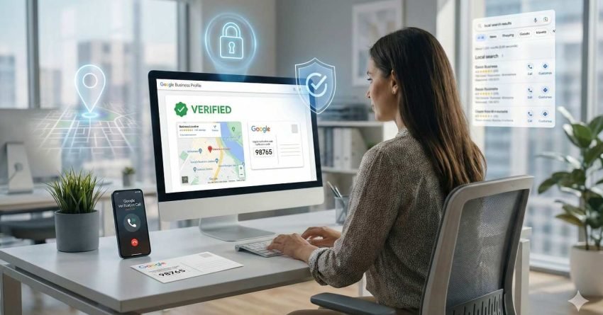 A professional working at a desk reviews a verified Google Business Profile on a desktop computer, showing a map location, verification badge, and security icons, with a phone and local search results nearby, representing business verification, trust, and improved local search visibility.