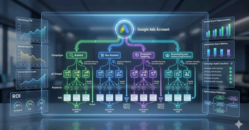 Google Ads account structure diagram illustrating campaign hierarchy, ad groups, keywords, audience segmentation, geographic targeting, remarketing, and bid automation. PPC optimization workflow focused on improving Quality Score, CTR, conversion rates, impression share, ROI, and overall Google Ads campaign performance.