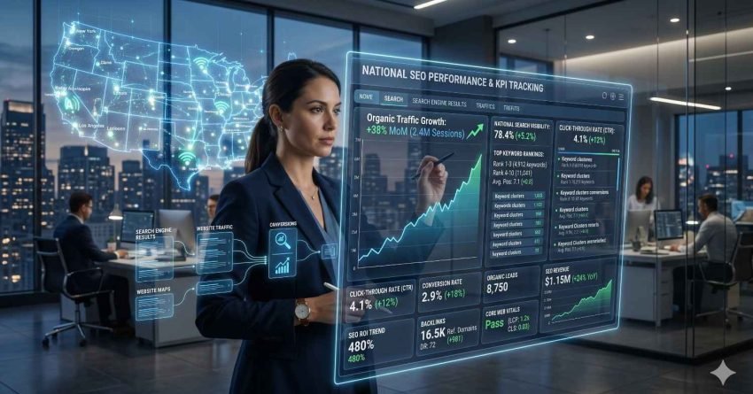 SEO analyst monitors national search performance using an interactive digital dashboard in a modern office. Visualizations display organic traffic growth, keyword rankings, click-through rates, conversions, backlinks, Core Web Vitals, and revenue trends. A nationwide map highlights market visibility, while team members collaborate on data-driven strategies to improve search performance and growth.