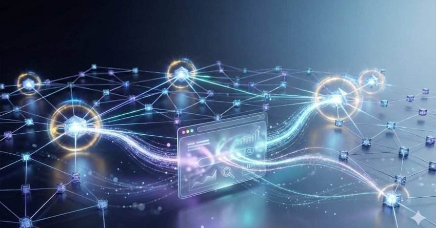 Futuristic illustration of a website dashboard connected to a glowing network of nodes and links. Light streams flow between interconnected points, symbolizing backlinks, data exchange, and SEO growth across a digital network.