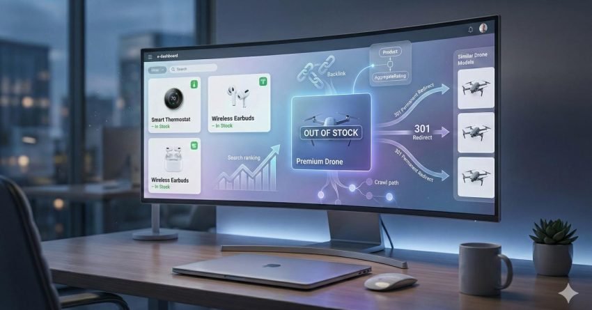 A widescreen monitor on a desk displays an SEO dashboard showing an out-of-stock premium drone connected to backlinks, crawl paths, and 301 redirects toward similar drone models, alongside product cards, search-ranking graphs, and ecommerce interface elements in a modern office at nigh