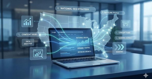 A futuristic office scene with a laptop projecting a glowing U.S. map and floating labels like “National SEO Strategy,” “Backlink Profile,” “Content Hubs,” and “Ranking Signals,” plus analytics charts on the screen, illustrating nationwide organic traffic growth and data-driven search optimization.