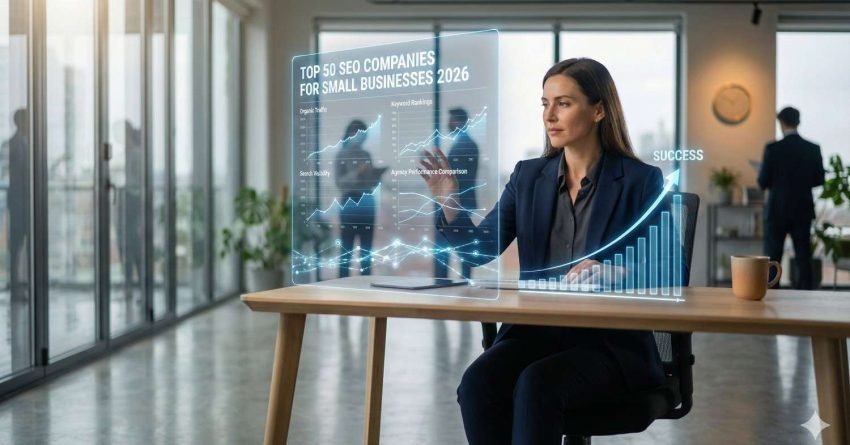 A business professional in a modern office interacts with a transparent holographic dashboard labeled “Top 50 SEO Companies for Small Businesses 2026,” showing performance charts and rising graphs, while a glowing upward arrow marked “Success” appears beside the desk, suggesting data-driven growth and analytics.