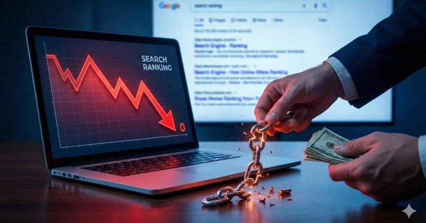 Photo showing a laptop with a red downward “search ranking” graph, while a suited person breaks a glowing chain with pliers and holds cash, with Google search results blurred in the background, symbolizing escaping SEO penalties, lost traffic, or ranking drops.