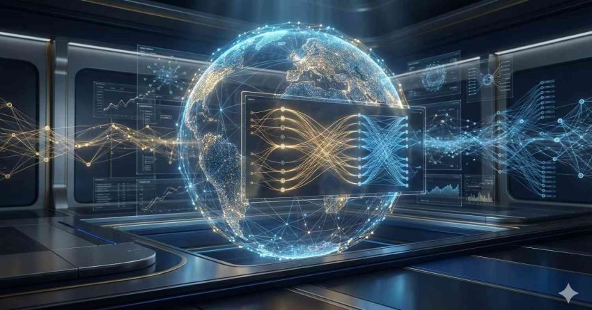A futuristic control room displays a glowing digital globe surrounded by transparent data screens and neural-network diagrams, with golden and blue data streams crossing continents, symbolizing global AI systems, real-time analytics, and interconnected information networks.