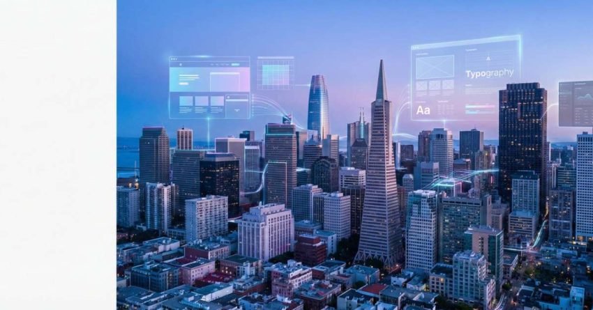 A twilight city skyline with skyscrapers overlaid by glowing digital interface panels showing website layouts, typography, charts, and data streams, suggesting futuristic web design, analytics, and smart-city connectivity across an urban landscape.