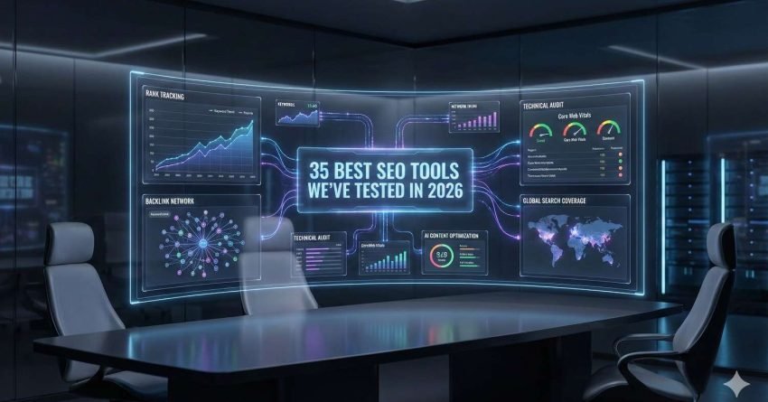 A futuristic conference room with large curved digital dashboards displaying SEO analytics, including rank tracking, backlink networks, technical audits, global search coverage, and performance charts, centered around the headline “35 Best SEO Tools We’ve Tested in 2026,” suggesting data-driven evaluation and strategy.