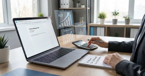 A person at a bright office desk uses a calculator beside a laptop showing a content strategy draft, with holographic charts labeled ROI, traffic growth, and engagement floating above, plus a notebook and plants in the background suggesting analytics and planning work.