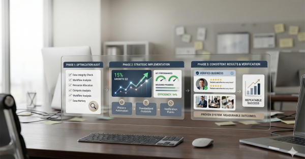 A modern office desk displays a transparent digital workflow showing three business growth phases: optimization audit, strategic implementation with rising performance metrics, and verified results. The scene represents structured SEO processes, efficiency improvements, and repeatable, data-driven success.
