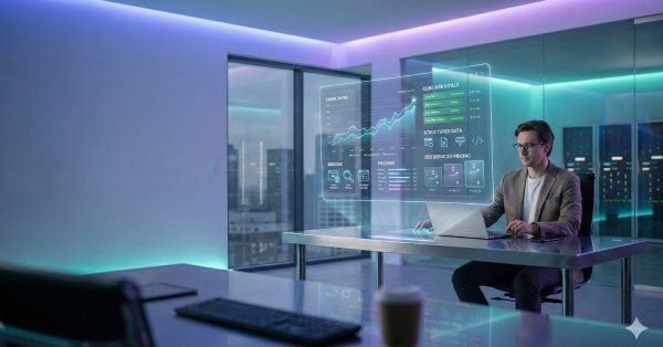 A professional works at a modern desk using a laptop while transparent holographic dashboards display SEO metrics, Core Web Vitals, structured data, and performance charts. The futuristic office setting with city views represents advanced technical SEO analysis, data-driven optimization, and digital growth strategy.