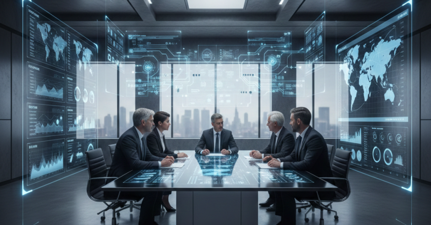 Executive leadership team meeting in a futuristic boardroom, surrounded by transparent digital dashboards showing global analytics, performance metrics, and data visualizations, representing enterprise-level SEO strategy, data-driven decision-making, and high-level business intelligence planning.