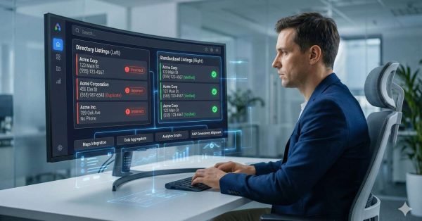 A professional working at a desk reviews a large monitor showing business directory listings, comparing incorrect and duplicate entries with verified, standardized listings, illustrating data cleanup, NAP consistency, and citation management for improved local search accuracy.