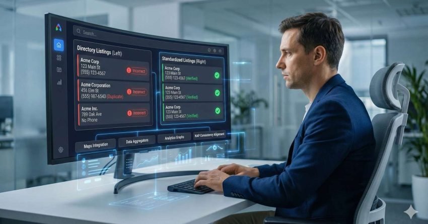 A professional working at a desk reviews a large monitor showing business directory listings, comparing incorrect and duplicate entries with verified, standardized listings, illustrating data cleanup, NAP consistency, and citation management for improved local search accuracy.