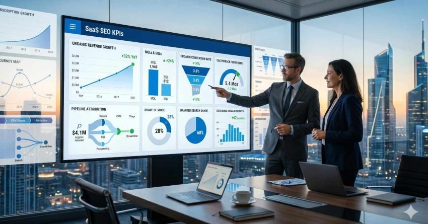SaaS marketing professionals review key SEO performance indicators in a modern office overlooking a city skyline. Large dashboards display organic revenue growth, marketing-qualified leads, sales-qualified leads, conversion rates, pipeline attribution, share of voice, branded search visibility, and referring domain growth. The meeting emphasizes data-driven strategy, business growth, and measurable marketing outcomes.