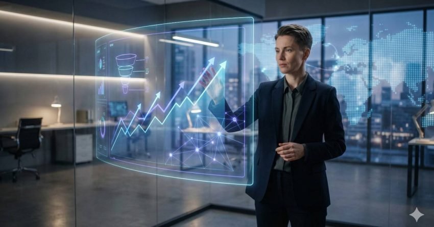 Professional in a modern office interacting with a transparent holographic analytics display, showing upward growth charts, data connections, and funnel visuals, representing data-driven strategy, business analytics, SEO performance tracking, and decision-making for digital growth and optimization.