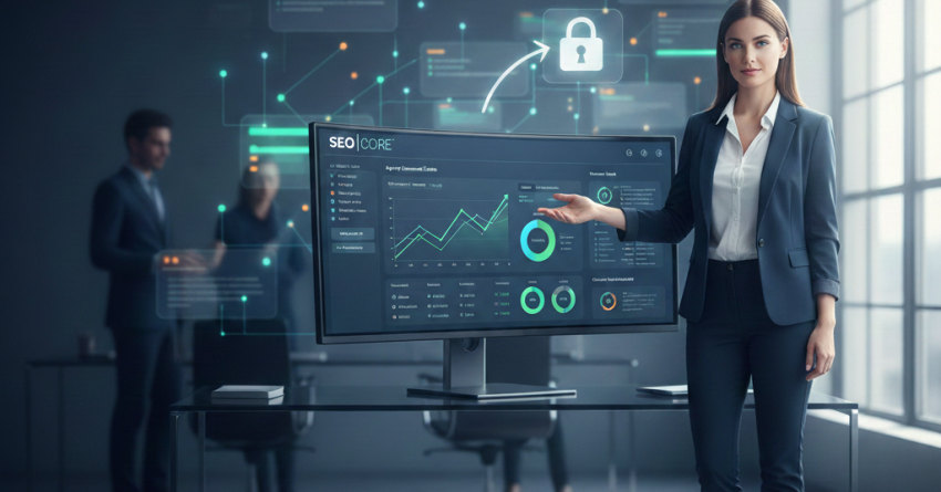 SEO professional presenting a secure analytics dashboard in a modern office, showing traffic growth, performance metrics, and data security icons, representing professional SEO services, transparent reporting, trusted optimization strategies, and scalable organic growth for businesses.