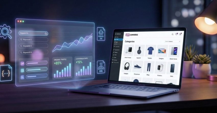 A laptop on a desk displays an ecommerce store while a holographic SEO dashboard shows keyword lists, rising traffic graphs, conversion metrics, and technical icons, symbolizing data-driven optimization and online sales growth in a modern workspace.