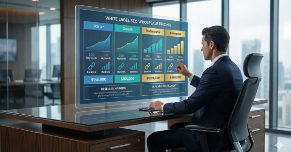 Business professional reviewing a white label SEO wholesale pricing dashboard, comparing starter, growth, professional, and enterprise plans with keywords, backlinks, and reseller margins, representing scalable SEO packages, pricing strategy, and agency-focused search engine optimization services.