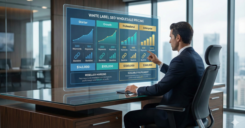 Business professional reviewing a white label SEO wholesale pricing dashboard, comparing starter, growth, professional, and enterprise plans with keywords, backlinks, and reseller margins, representing scalable SEO packages, pricing strategy, and agency-focused search engine optimization services.