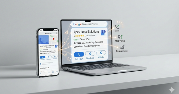 A laptop and smartphone display a Google Business Profile for a local company, showing reviews, business hours, services, and call-to-action buttons. Icons highlight calls, map views, and engagement, representing local SEO optimization and increased customer interactions.