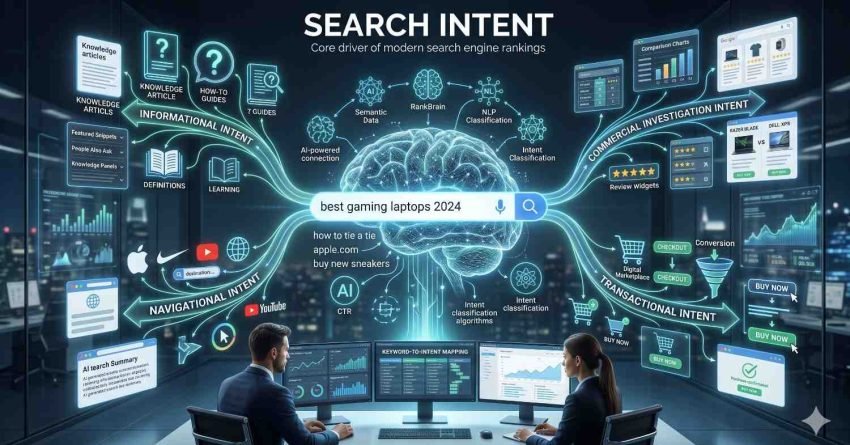 Search intent optimization infographic illustrating informational, navigational, commercial, and transactional queries, AI-powered search algorithms, keyword mapping, content strategy, and user journey analysis to improve SEO rankings, increase organic traffic, enhance content relevance, and drive higher conversion rates.