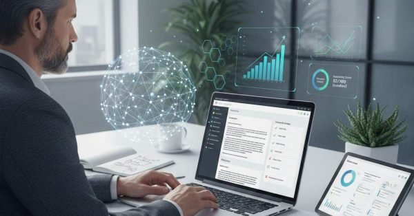 A professional works at a desk with a laptop and tablets showing content audits and analytics dashboards, while holographic charts and a digital globe float nearby under the heading “Content Writing Best Practices” in a modern office setting.