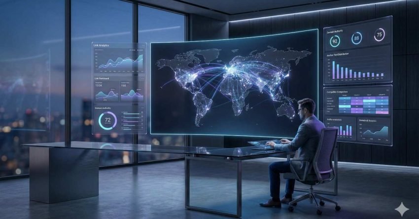 A person sits at a desk in a modern office facing large digital dashboards showing a glowing world map with connection lines, analytics charts, authority scores, and traffic metrics, suggesting global data analysis, SEO monitoring, or cybersecurity operations in a high-tech workspace.