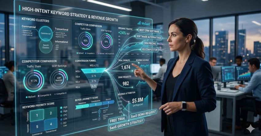 SaaS marketing strategist analyzes a high-intent keyword strategy dashboard in a modern office. Interactive analytics display keyword clusters, competitor comparisons, organic traffic growth, conversion funnels, buyer journey metrics, demo requests, trial signups, and revenue attribution. The visualization highlights data-driven SEO planning, lead generation optimization, and sustainable SaaS business growth.