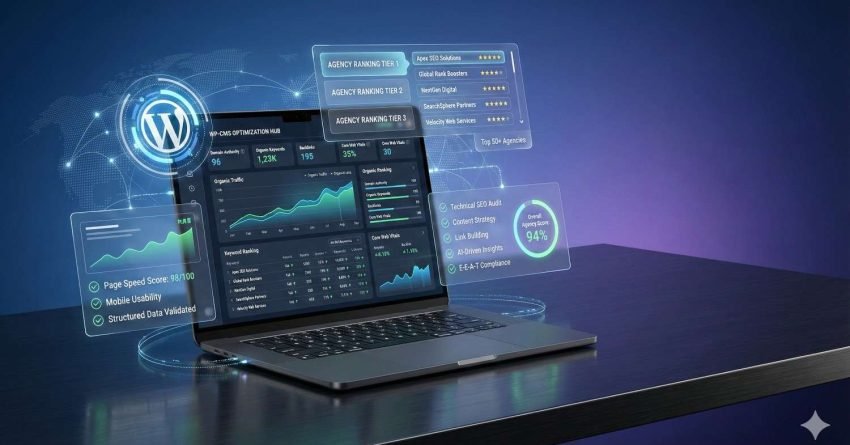 A laptop displays a futuristic WordPress SEO analytics dashboard with ranking tiers, traffic graphs, page speed score, mobile usability, structured data status, and agency ratings, surrounded by glowing holographic panels and digital network lines on a dark desk background.
