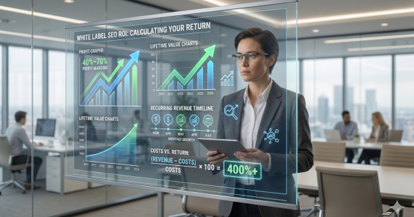 Marketing professional analyzing a white label SEO ROI dashboard, displaying profit graphs, lifetime value charts, recurring revenue timelines, and return calculations, representing data-driven ROI measurement, performance analysis, and financial planning for scalable white label SEO services.