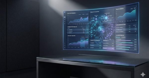 A futuristic holographic dashboard displays AI-powered SEO analytics with traffic growth charts, keyword rankings, semantic clusters, competitor analysis, and content grading panels, floating above a dark desk in a dimly lit room with glowing data visuals.