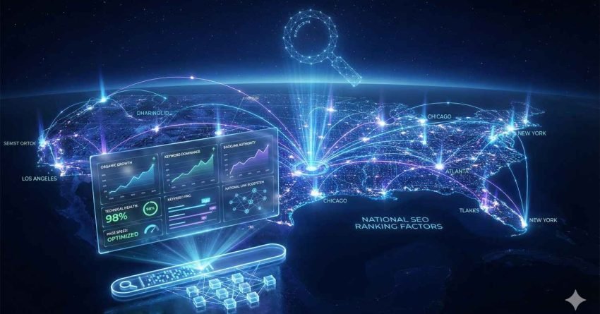 A futuristic world map glows with connected city nodes and data arcs, showing SEO dashboards, search icons, and performance charts labeled national ranking factors, traffic growth, backlinks, and optimization across major U.S. cities in a dark, high-tech space setting.