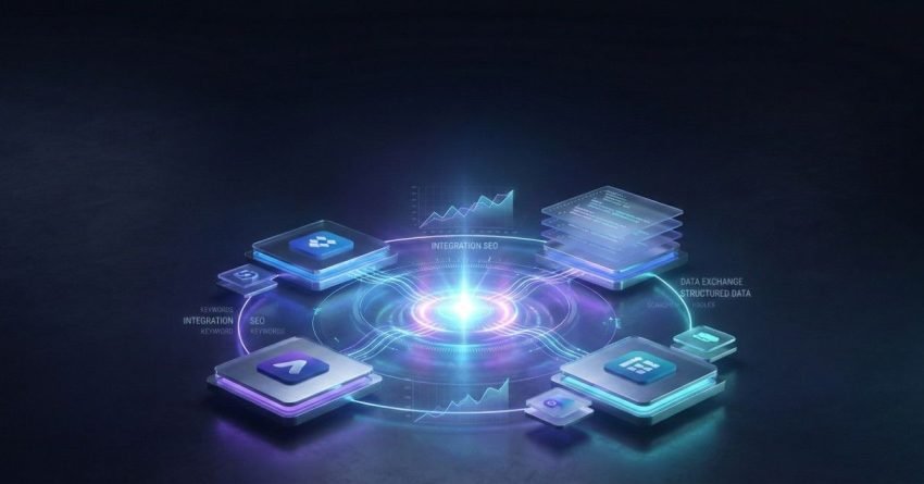 Futuristic 3D illustration showing integrated SEO and data systems around a glowing digital core. Floating interface panels display analytics, keywords, structured data, and data exchange. Neon blue and purple visuals emphasize connectivity, automation, and performance growth in a modern, high-tech environment