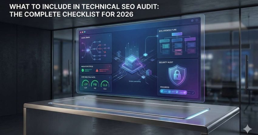 Futuristic technical SEO audit dashboard in a modern office, displaying crawl graphs, site architecture, Core Web Vitals metrics, and security audit panels, alongside the headline “What to Include in Technical SEO Audit: The Complete Checklist for 2026,” emphasizing advanced website analysis and optimization.